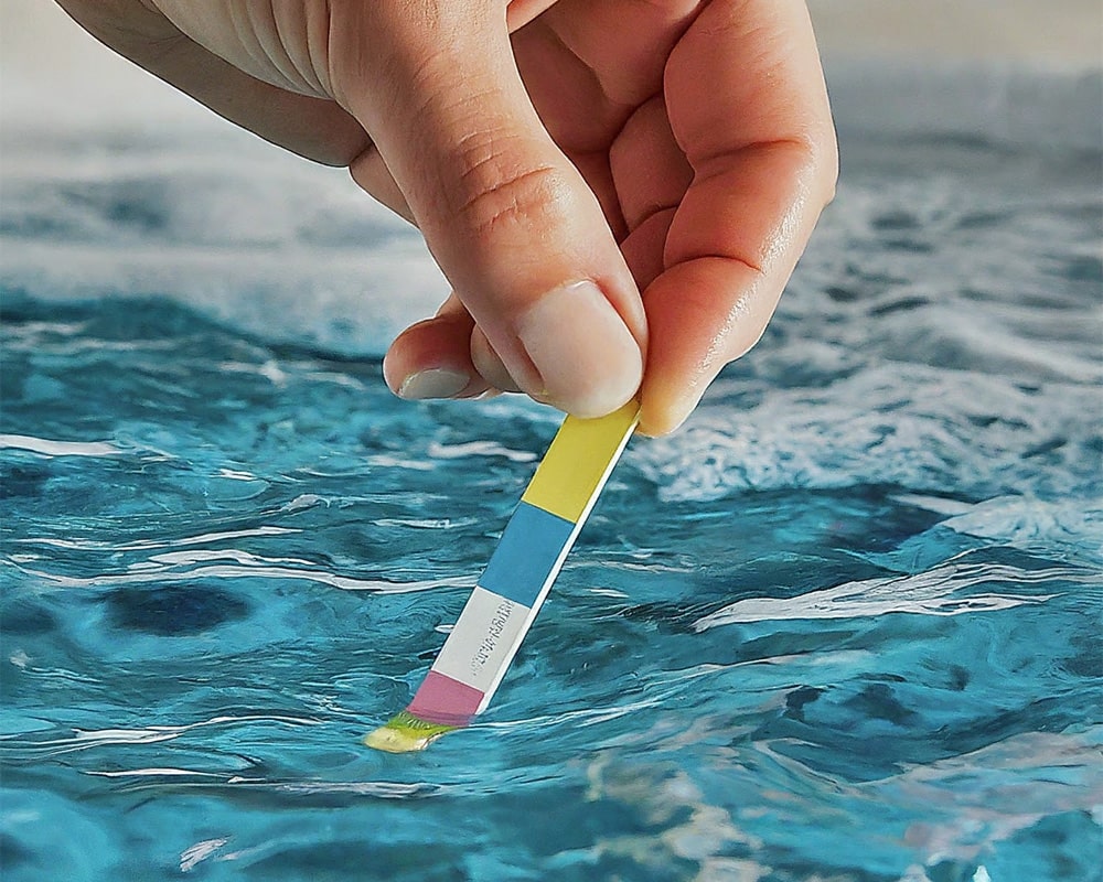 using test strip to test water in a hot tub