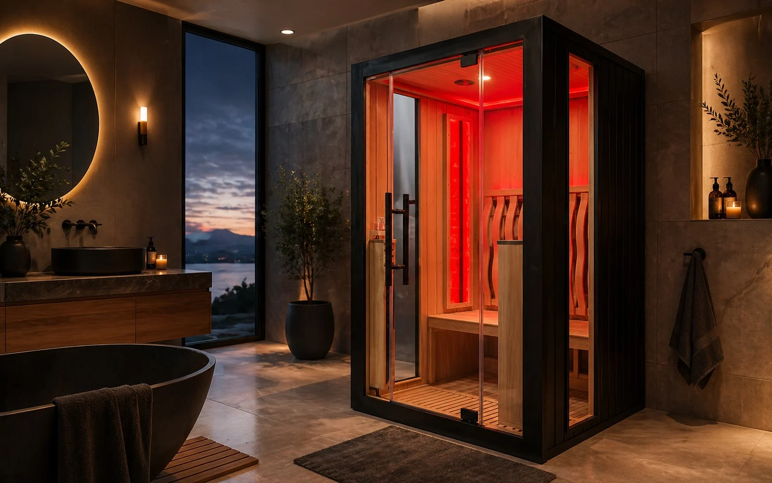 modern sauna with ambient lighting