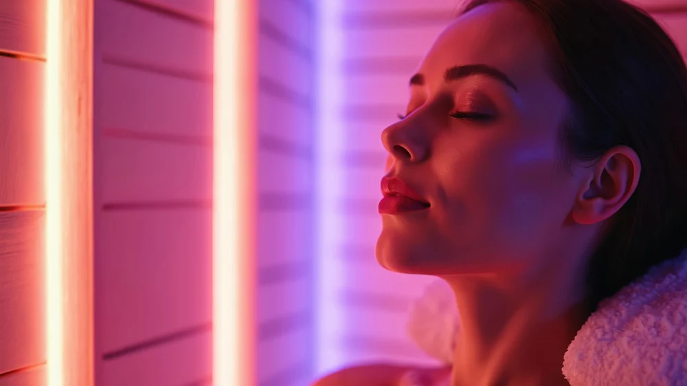 woman relaxing in a sauna with her eyes closed